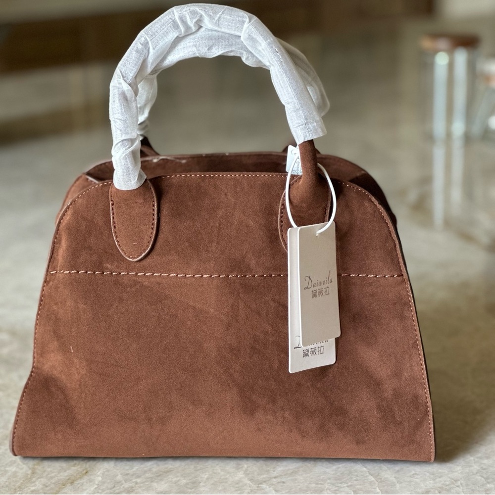 Brown Satchel PU Leather - Handled Tote - Cross Body Tote - Brown Suede Tote - Picture 3 of 12
